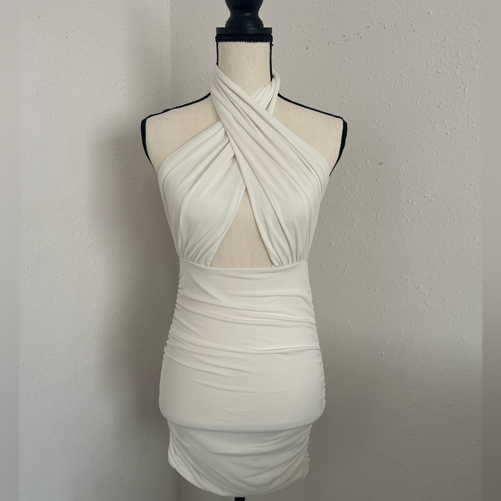 John Zack Petite Plunge Wrap Front Halter Neck Dress